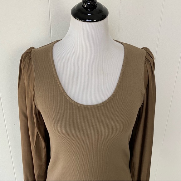 Sundry Mixed Media Top 3 US L Rib Knit Satin Puff Sleeve Brown Scoop Neck Crop - Picture 2 of 12